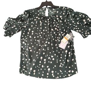 1.STATE Polka Dot Animal Print Top Blouse Green White Small $69 Puff Shoulder